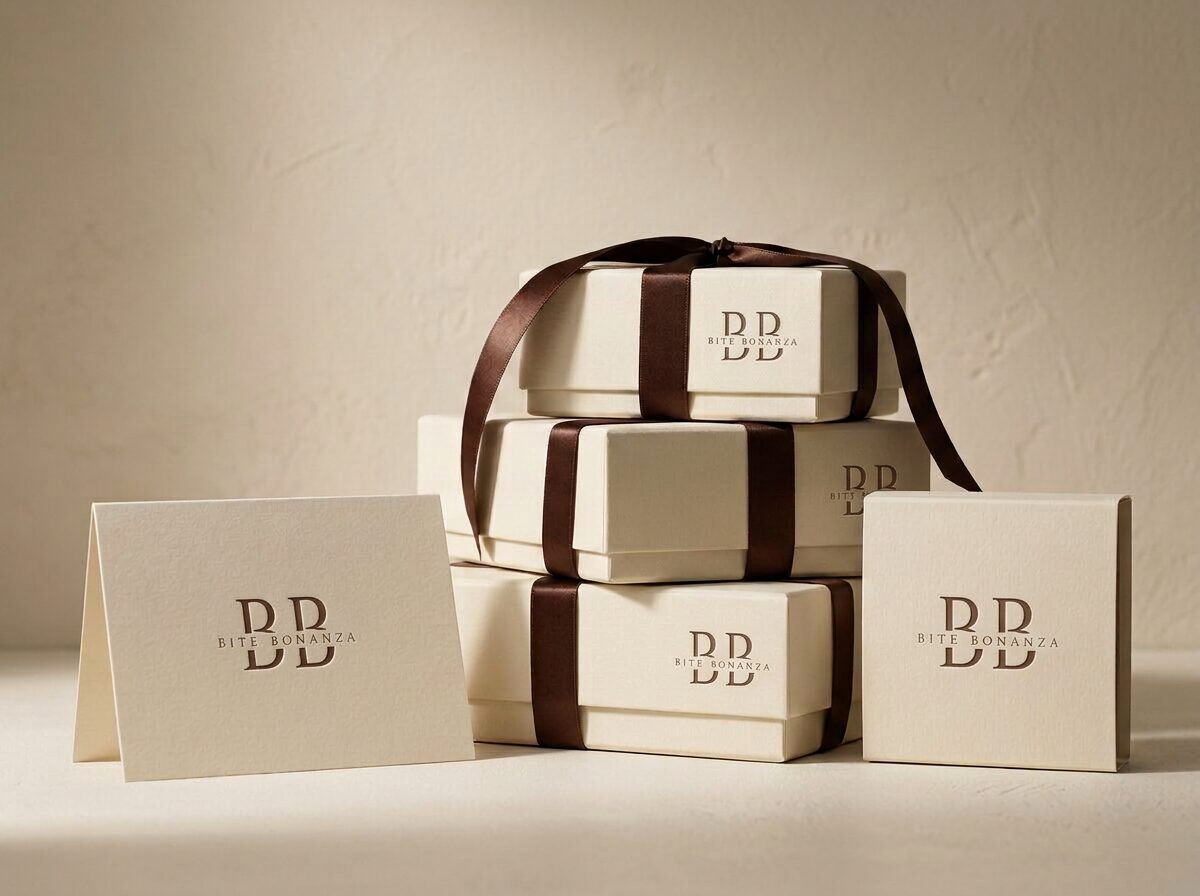 Stacked cream rigid Bite Bonanza gift boxes with blind-embossed logo, dark chocolate satin ribbon and thick card stock thank-you card