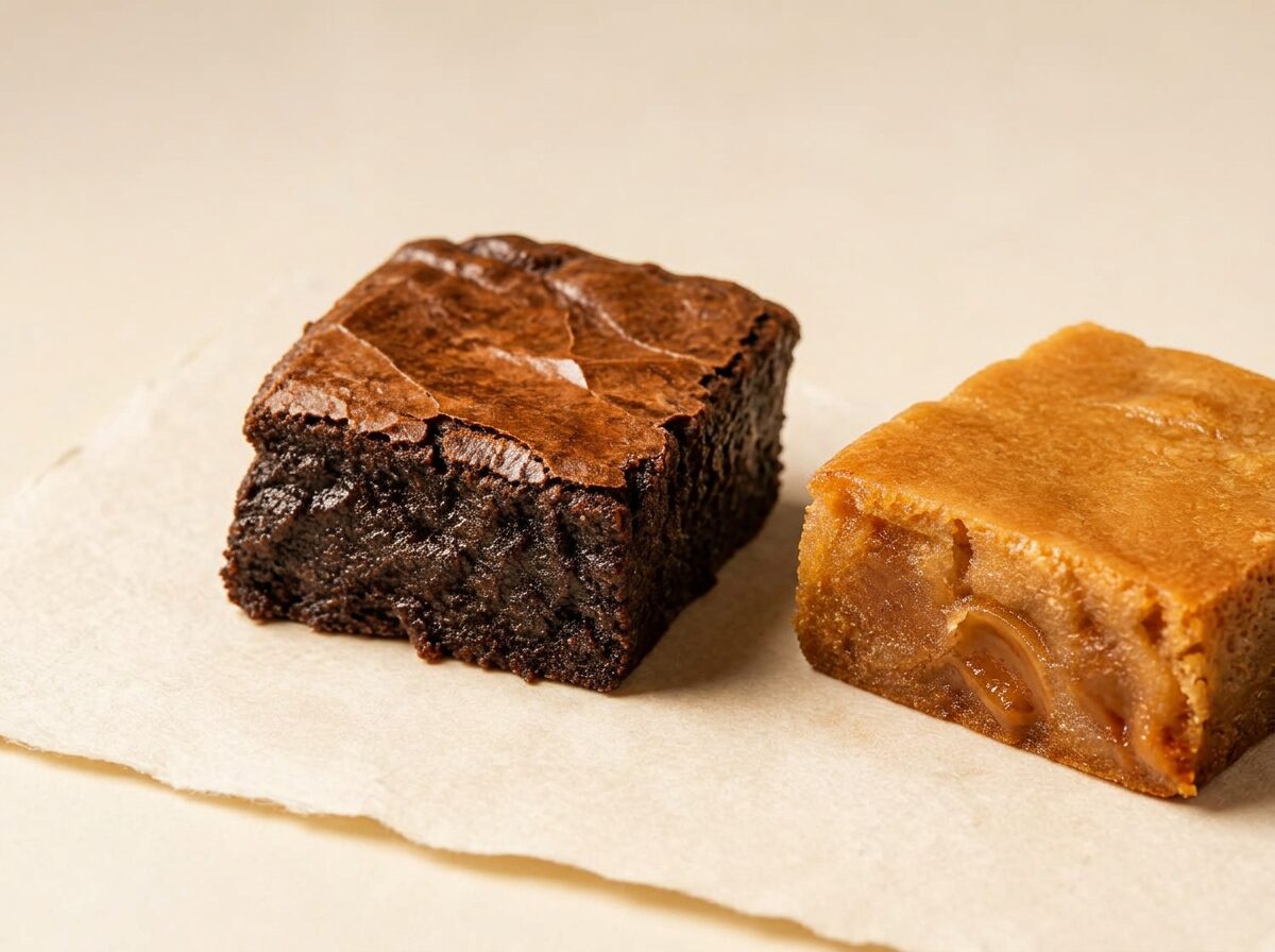Macro detail of a fudgy dark brownie with a glossy crinkle top beside a golden blondie