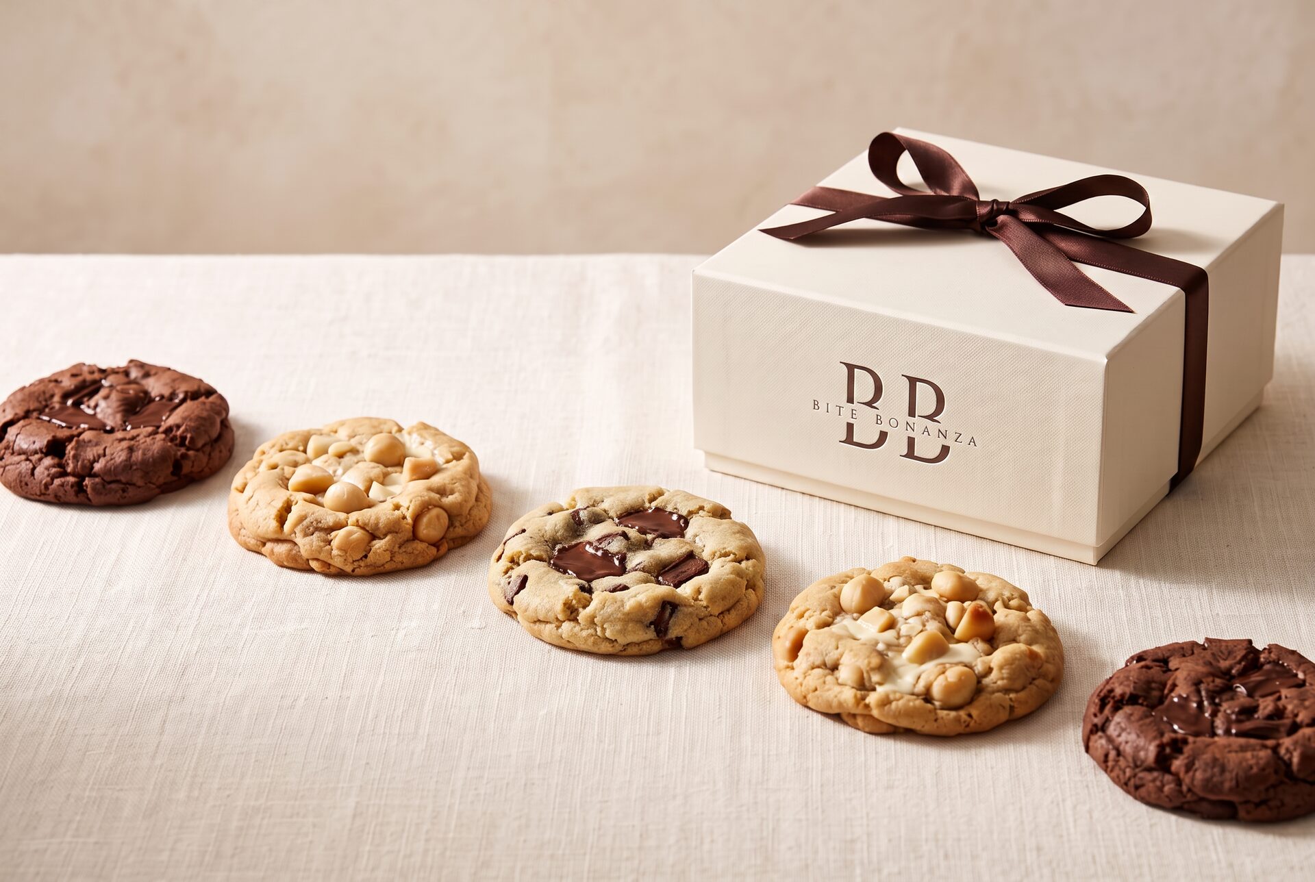 Three thick handmade New York-style cookies — choc chip, double chocolate and white chocolate macadamia — spaced across ivory linen beside a cream Bite Bonanza gift box embossed with the logo and tied in dark chocolate satin ribbon